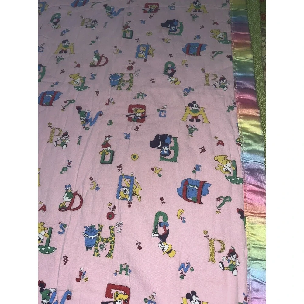 Handmade Baby Quilt , Vtg Disney ABC's Fabric , Pink , Satin Trim‎ , Hand Stitch